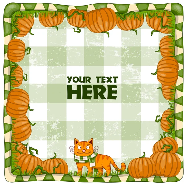 Red cat on a pumpkin field. Vector illustration — Stock Vector