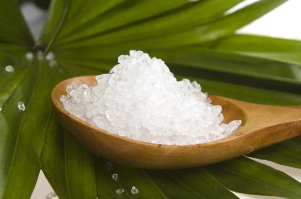Bath salt and palm leaf — Stock Photo, Image