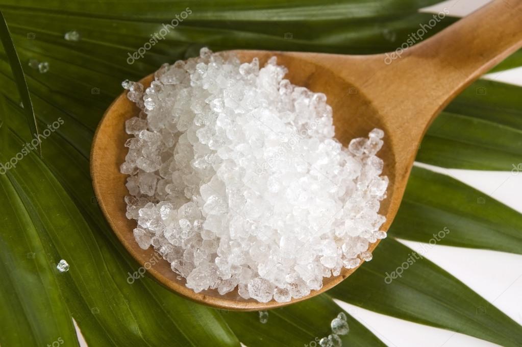 bath salt and palm leaf