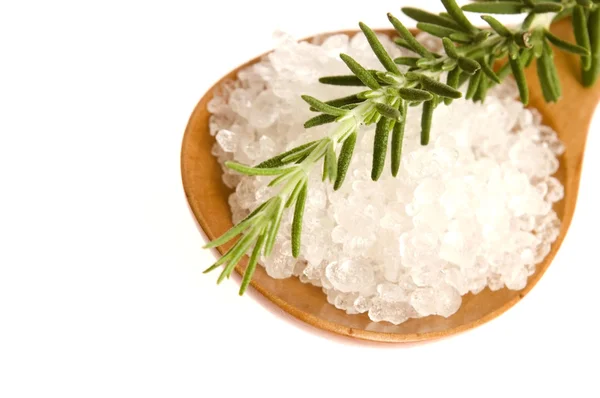 Sea salt with rosemary on a wooden spoon — Stock Photo, Image