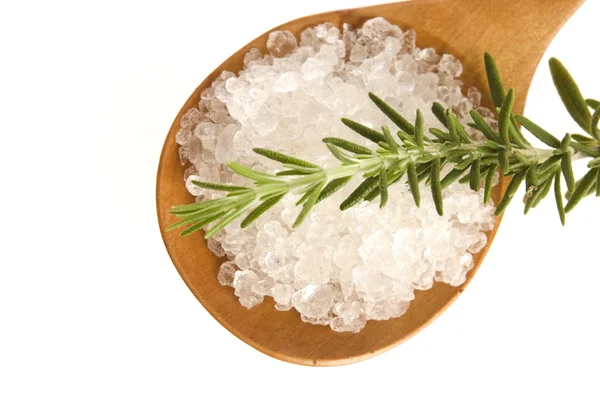 Sea salt with rosemary on a wooden spoon — Stock Photo, Image