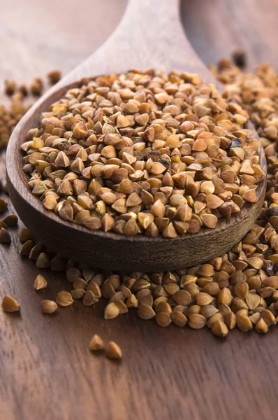 Buckwheat seeds on wooden spoon in closeup — Stock Photo, Image