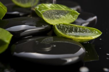 Aloe yaprakları ile taş üzerine dilimlenmiş