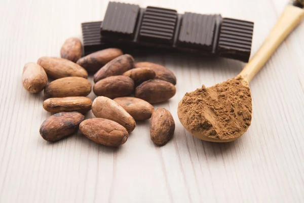 Cacao (cacao) frijoles con chocolate — Foto de Stock