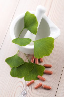 Ginkgo biloba leaves in mortar and pills clipart