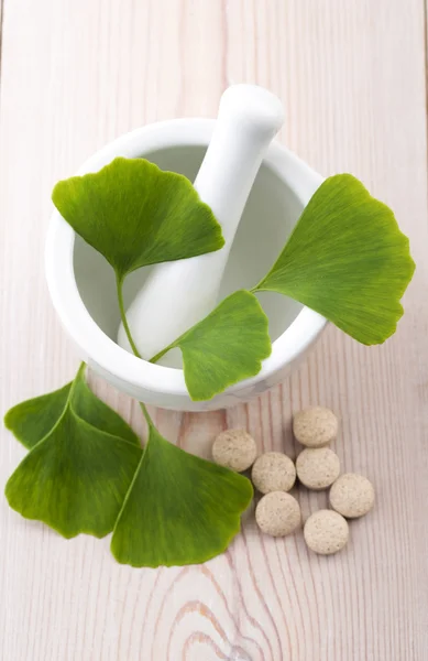 Ginkgo biloba leaves in mortar and pills — Stock Photo, Image