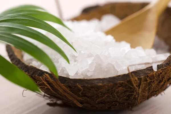 Sea salt with palm leaf — Stock Photo, Image