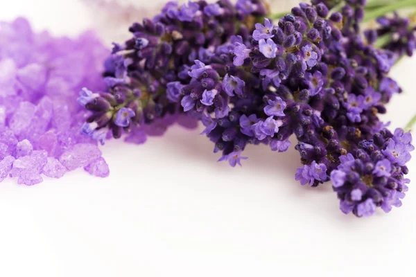 Flores de lavanda e o sal de banho - tratamento de beleza — Fotografia de Stock