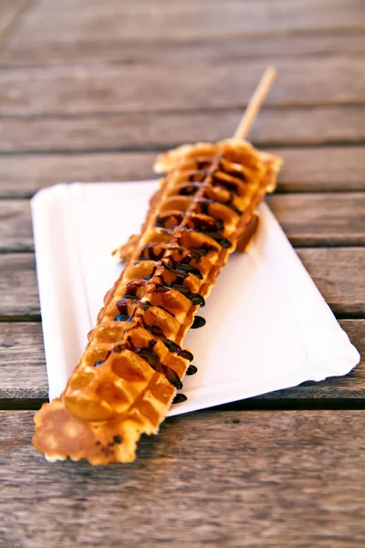 Chocolate Drizzled Waffle — Stock Photo, Image