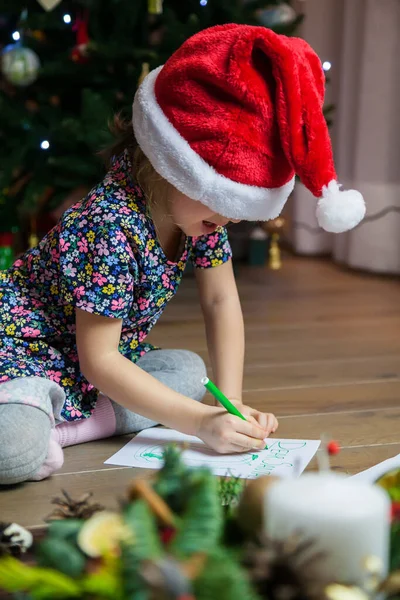 Cute Little Girl Red Cap Writing Letter Santa Claus Christmas — Stock Photo, Image