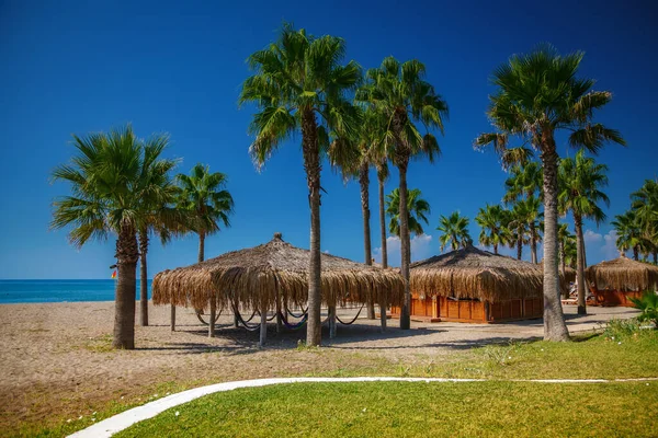 Prachtig Zomerstrand Met Palmbomen Strandhuisjes Bungalows — Stockfoto