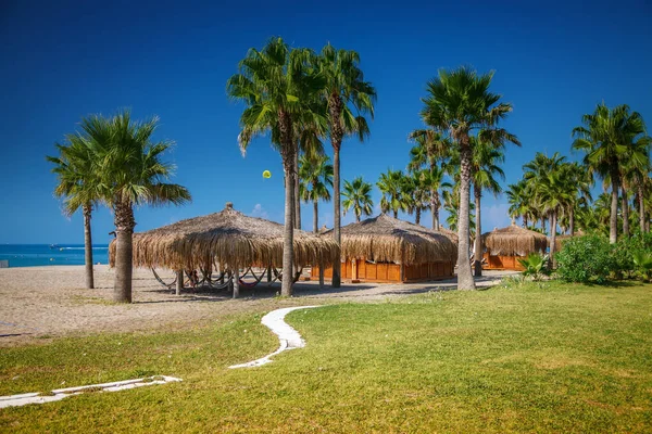 Krásný Letní Výhled Pláž Palmami Plážovými Domy Bungalovy — Stock fotografie