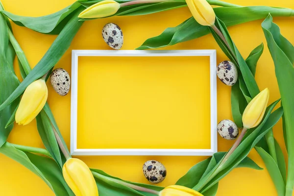 Πάσχα Διακοπές Φόντο Αυγά Ορτύκι Φωτογραφία Πλαίσιο Και Κίτρινα Λουλούδια — Φωτογραφία Αρχείου