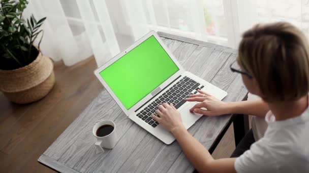 Femme Travaillant Maison Utilisant Ordinateur Portable Avec Écran Vert Buvant Vidéo De Stock Libre De Droits