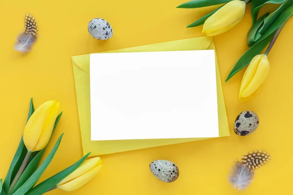Πάσχα Διακοπές Φόντο Ευχετήρια Κάρτα Αυγά Ορτύκι Και Κίτρινα Λουλούδια — Φωτογραφία Αρχείου