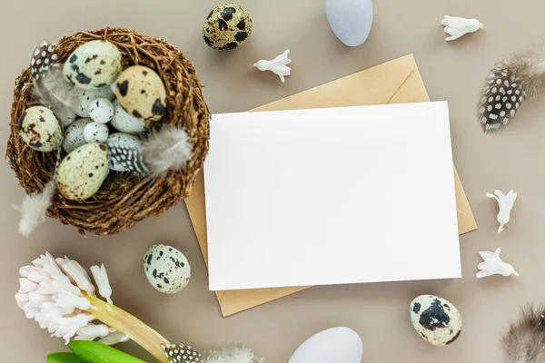 Πασχαλινό Φόντο Φωλιά Ορτυκιού Κενό Γράμμα Και Πασχαλινά Αυγά Ουδέτερο — Φωτογραφία Αρχείου