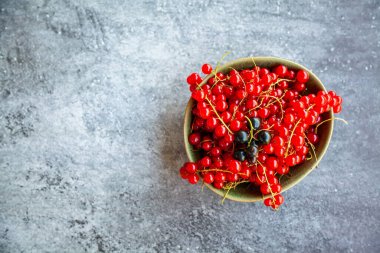 Üst manzara, gri beton arka planda kırmızı frenk üzümü olan bir kâse dolusu siyah frenk üzümü.