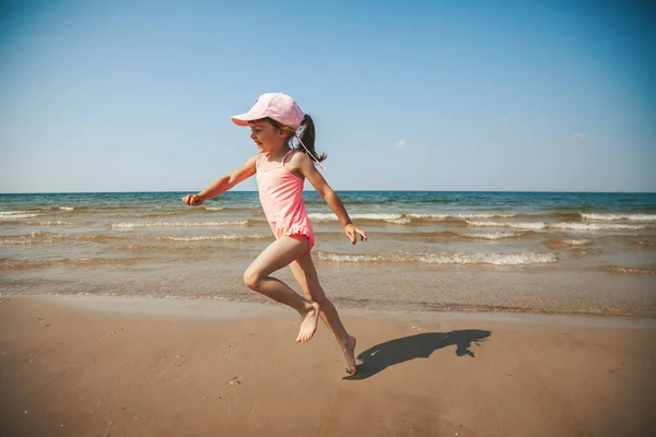 Cute Little Girl Pink Swimsuit Having Fun Running Beach Baltic — Stock Photo, Image