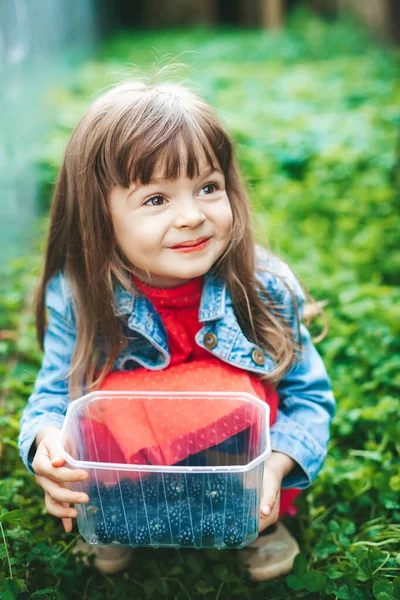 Cute Little Girl Years Old Holding Container Freshly Picked Ripe — Stock Photo, Image