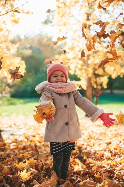 Glad Liten Flicka Kastar Höstlöv Leker Höstparken Höstlöv Faller — Stockfoto