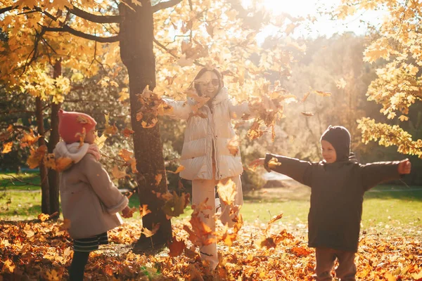 Happy Family Playing Autumn Leaves Mother Daughter Son Spending Time — Stock Photo, Image