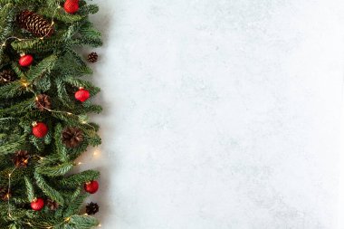 Köknar dalları, çam kozalakları ve kırmızı toplarla Noel tatili. Kopyalama alanı olan tatil kartı.