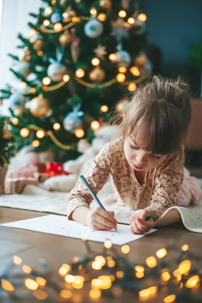 Cute Little Child Girl Writing Letter Santa Claus Writing Dreams — Stock Photo, Image