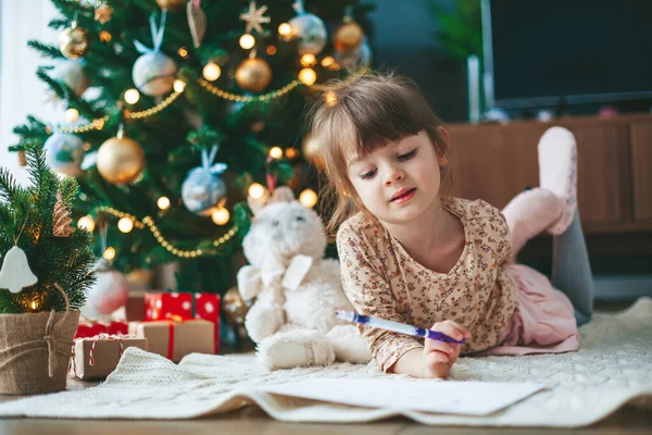 Cute Little Girl Writing Letter Santa Claus Writing Dreams Gift — Stock Photo, Image