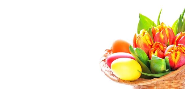 Immagine di uova di Pasqua decorative e tulipani in cesto — Foto Stock