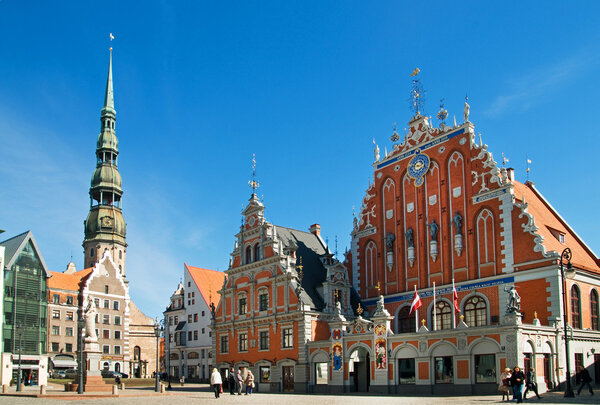 The architectural ensemble of the House of Blackheads and St.Peter Cathedral. Riga, Latvia,Europe