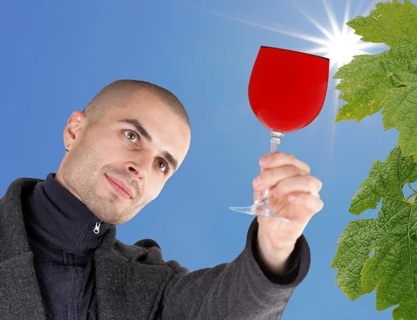 Male winemaker holding up glass of wine for checking consistency of his creation — Stock Photo, Image