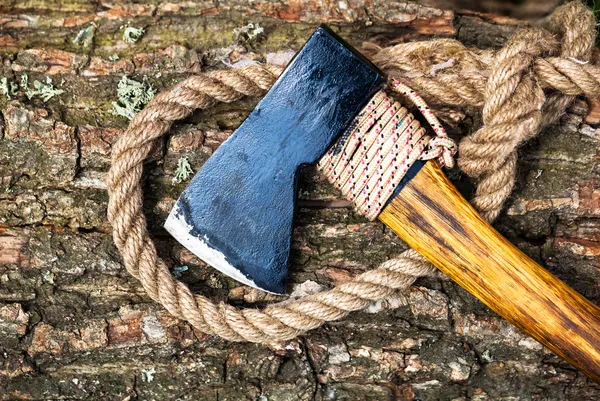 Ascia e corda su legno — Foto Stock