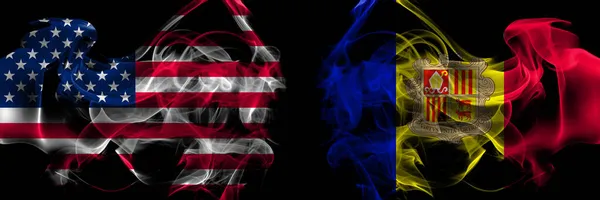 Estados Unidos América Andorra Bandeiras Fumo Andorrano Colocadas Lado Lado — Fotografia de Stock