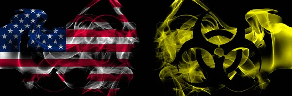 Соединенные Штаты Америки Против Biohazard Вирус Ковид Дыма Флаги Помещены — стоковое фото