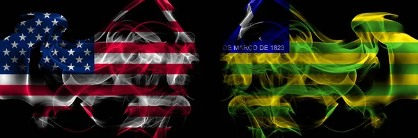 Сполучені Штати Америки Проти Бразилії Бразилії Піаї Курячі Прапори Стоять — стокове фото