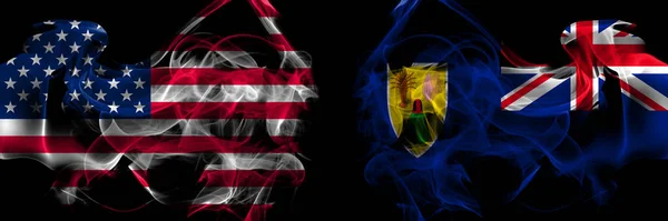 United States America British Britain Turks Caicos Islands Smoke Flags — Stock Photo, Image