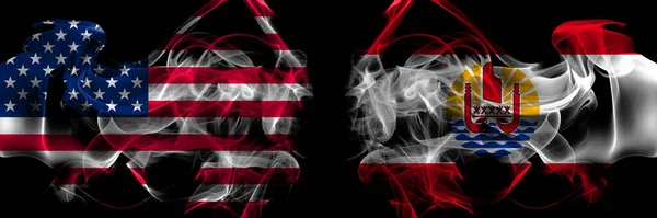 Estados Unidos América França Polinésia Francesa Bandeiras Fumaça Colocadas Lado — Fotografia de Stock