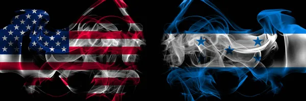 United States America Honduras Honduran Smoke Flags Placed Side Side — Stock Photo, Image
