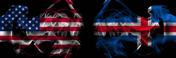 United States America Iceland Icelandic Smoke Flags Placed Side Side — Stock Photo, Image