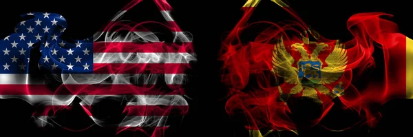 Estados Unidos América Montenegro Bandeiras Fumaça Montenegrina Colocadas Lado Lado — Fotografia de Stock