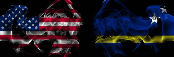 Estados Unidos América Holanda Holanda Bandeiras Fumaça Curaçao Colocadas Lado — Fotografia de Stock