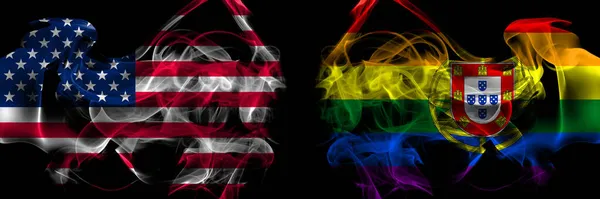 Amerikas Förenta Stater Mot Portugal Portugisiska Gay Stolthet Rök Flaggor — Stockfoto