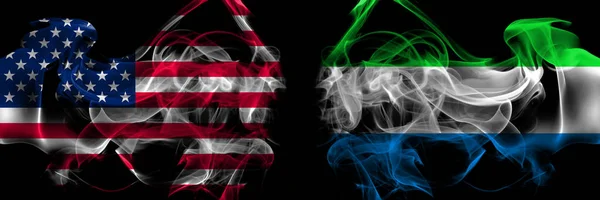 Estados Unidos América Serra Leoa Bandeiras Fumaça Colocadas Lado Lado — Fotografia de Stock
