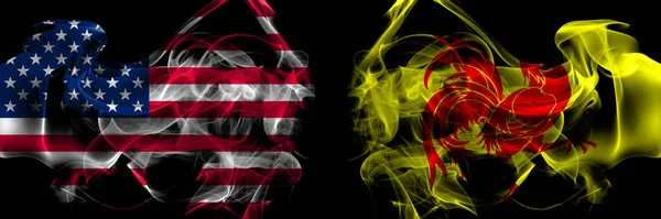 Соединенные Штаты Америки Против Валлонии Дымовые Флаги Размещены Бок Бок — стоковое фото