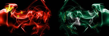 Flags of China, Chinese vs African Union, Africa. Smoke flag placed side by side on black background. 