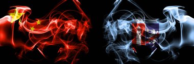 Flags of China, Chinese vs Albania, Tirana. Smoke flag placed side by side on black background. 