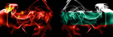 Flags of China, Chinese vs Bulgaria, Bulgarian. Smoke flag placed side by side on black background. 