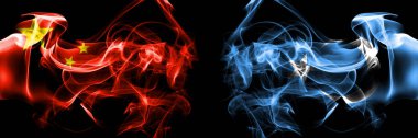 Flags of China, Chinese vs East Turkestan, Uyghurs, Uyghur. Smoke flag placed side by side on black background. 