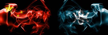 Flags of China, Chinese vs Japan, Japanese, Iwate Prefecture. Smoke flag placed side by side on black background. 