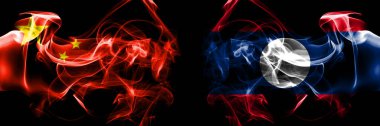 Flags of China, Chinese vs Laos. Smoke flag placed side by side on black background. 